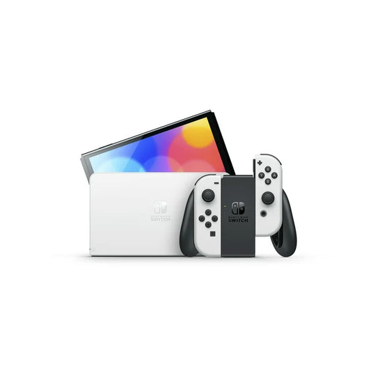 White OLED Nintendo Switch handheld video game console.