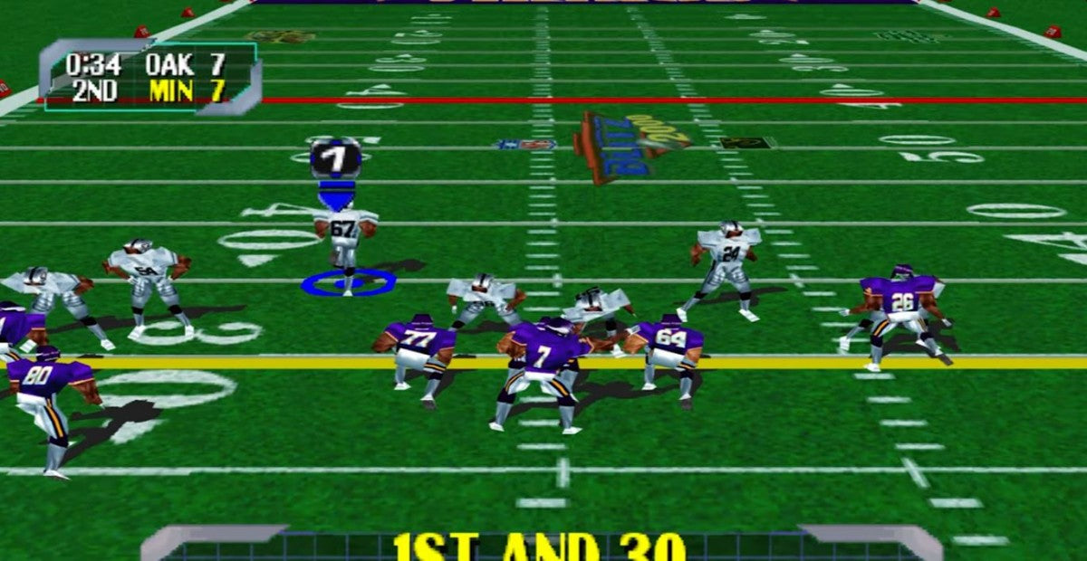 NFL Blitz 2000 game for the PlayStation featuring arcade style football gameplay with fast paced matches exaggerated hits simplified rules and multiplayer competition based on the Midway Blitz series gameplay