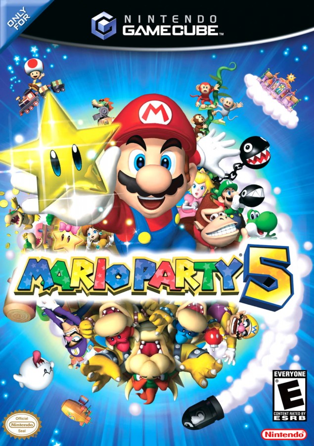 Mario Party 5 game for the Nintendo GameCube featuring party style gameplay with board game mechanics mini games multiplayer modes and competitive challenges starring Mario and friends across themed boards front cover