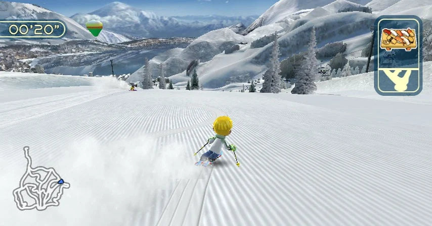 We Ski & Snowboard gameplay for Nintendo Wii (Wii) featuring motion‑controlled skiing and snowboarding on expansive mountain slopes, customizable characters, and family‑friendly freestyle and race events.
