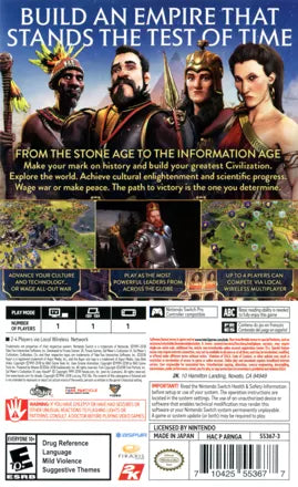 Sid Meier's Civilization VI for Nintendo Switch turn based strategy game featuring world civilization building diplomacy warfare technology progression and empire management gameplay back cover