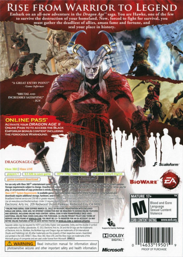 Dragon Age II back of case for Xbox 360 (X360) action role-playing video game