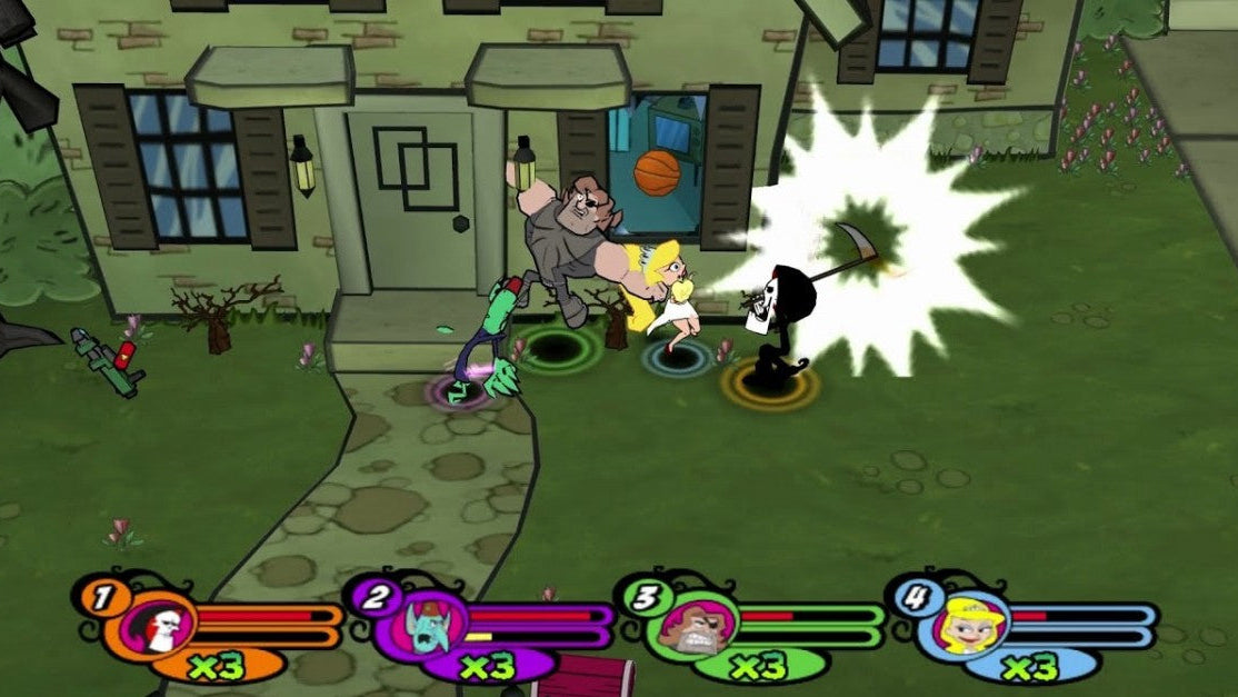 The Grim Adventures of Billy & Mandy PS2 Sony PlayStation 2 action platformer based on Cartoon Network series The Grim Adventures of Billy & Mandy chaotic cartoon comedy gameplay mini games arena battles Grim Reaper characters kids party style retro gaming PlayStation 2 software video game title gameplay