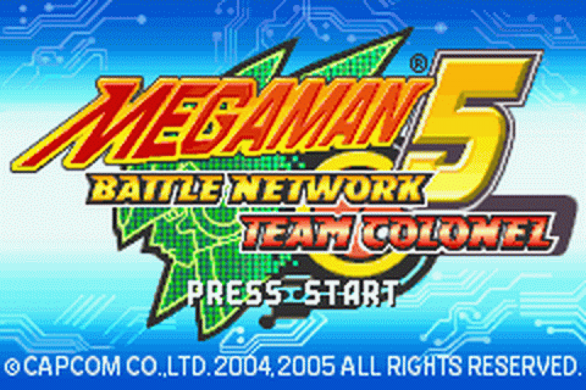 Mega Man Battle Network 5: Team Colonel title screen for Nintendo Game Boy Advance (GBA) adventure-strategy video game. 