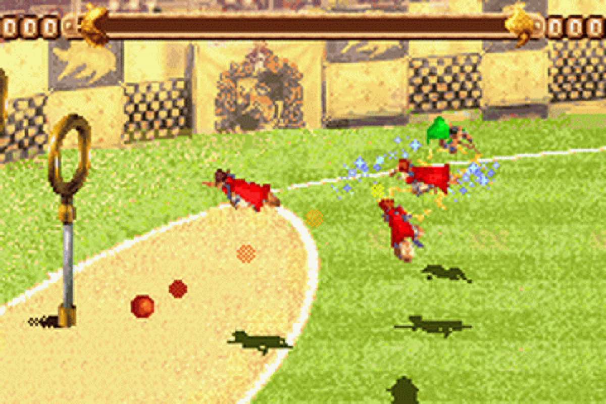 Harry Potter Quidditch World Cup for Game Boy Advance, gameplay for a sports action video game with Quidditch gameplay, team-based matches, character abilities, and wizarding world competition