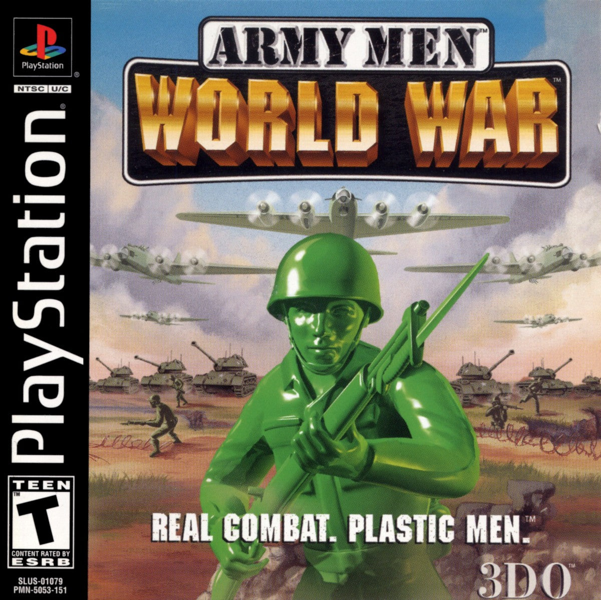 Army Men World War PlayStation PS1 for action strategy video game fans featuring classic green army men battles military missions tactical combat toy soldier gameplay vehicle warfare squad based action campaign missions colorful battlefield environments collectible gaming appeal front cover art