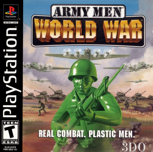 Army Men World War PlayStation PS1 for action strategy video game fans featuring classic green army men battles military missions tactical combat toy soldier gameplay vehicle warfare squad based action campaign missions colorful battlefield environments collectible gaming appeal front cover art