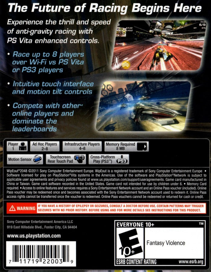 Wipeout 2048 PlayStation Vita back of case for retro video game enthusiasts featuring futuristic anti gravity racing gameplay high speed sci fi tracks weapon based combat competitive racing modes sleek neon visual style and portable handheld adrenaline fueled racing experience and collectible gaming appeal