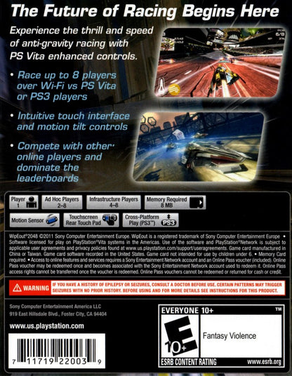 Wipeout 2048 PlayStation Vita back of case for retro video game enthusiasts featuring futuristic anti gravity racing gameplay high speed sci fi tracks weapon based combat competitive racing modes sleek neon visual style and portable handheld adrenaline fueled racing experience and collectible gaming appeal