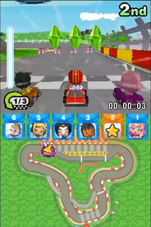 MySims Racing for Nintendo DS kart racing game featuring customizable vehicles colorful tracks power ups and characters from the MySims series arcade style racing gameplay 