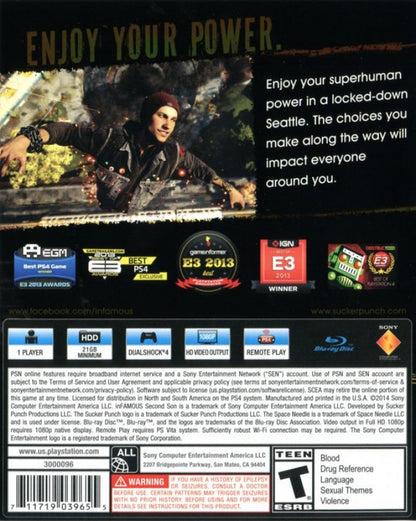 Infamous Second Son [Limited Edition] back cover art for PlayStation 4 (PS4) video game.