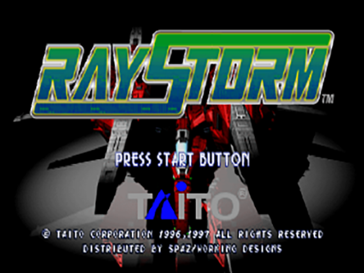 RayStorm PlayStation 1 PS1 3D arcade spaceship shoot 'em up vertical arcade-style shmup port lock-on targeting system shooter arcade port high difficulty sci-fi graphics explosions boss fights music ray series giant ships title screen