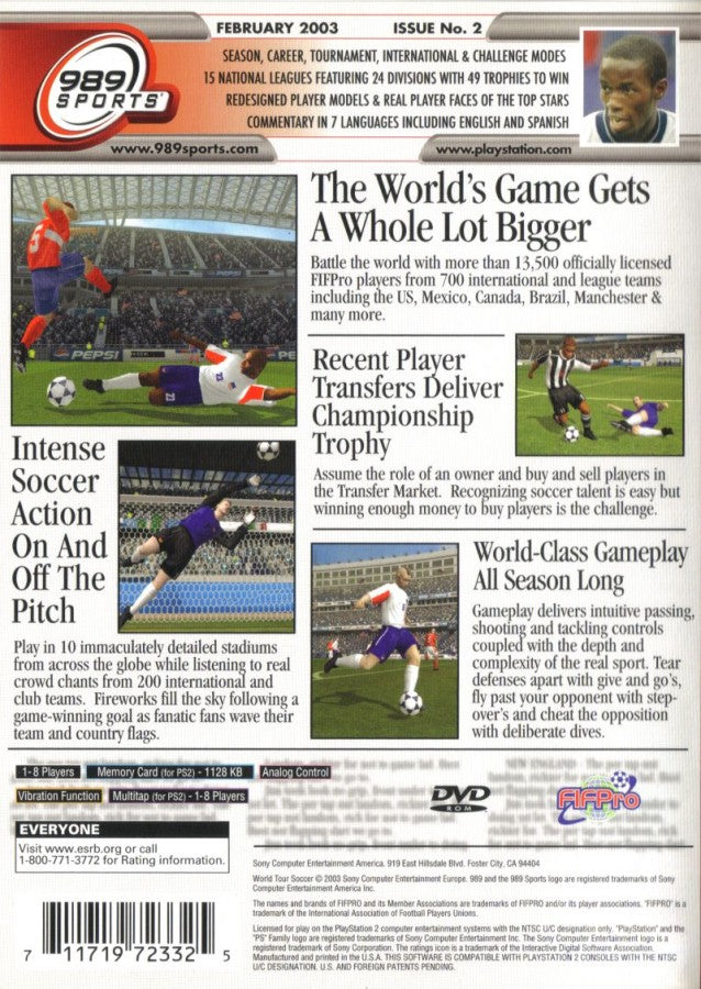 World Tour Soccer 2003 – PlayStation 2 (PS2) video game back of case, soccer simulation.