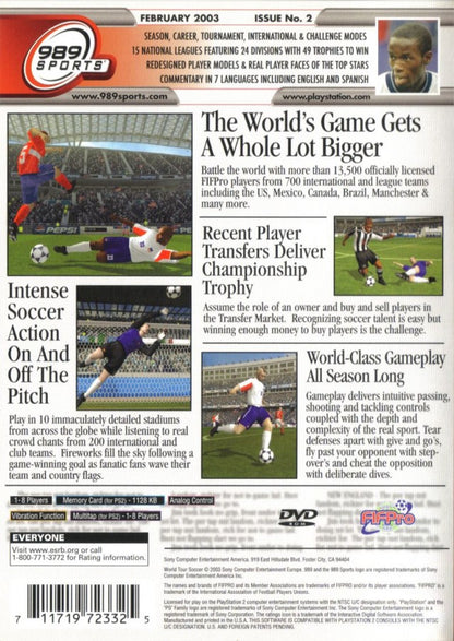 World Tour Soccer 2003 – PlayStation 2 (PS2) video game back of case, soccer simulation.
