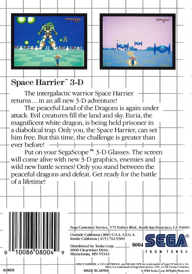 Space Harrier 3D Sega Master System SMS for arcade rail shooter video game fans featuring fast paced 3D action futuristic environments flying combat enemy creatures powerful weapons challenging stages boss battles and classic Sega Master System gameplay collectible retro gaming appeal back cover art