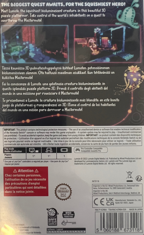 Lumote The Mastermote Chronicles PAL Import Nintendo Switch video game Lumote puzzle platform adventure exploration colorful indie gameplay environmental puzzles console title Nintendo Switch release back of case