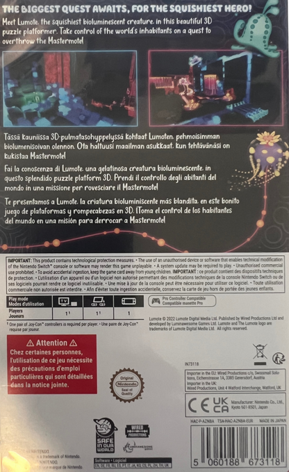 Lumote The Mastermote Chronicles PAL Import Nintendo Switch video game Lumote puzzle platform adventure exploration colorful indie gameplay environmental puzzles console title Nintendo Switch release back of case