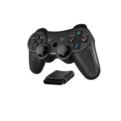 Wireless PlayStation 2 controller angled view with receiver for PS2 gaming accessory