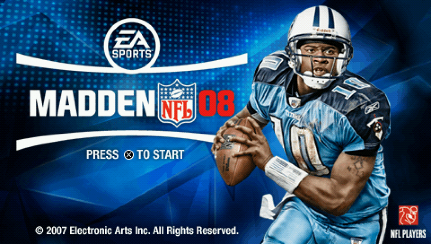 Madden NFL 2008 start screen for PlayStation Portable (PSP) football sports video game