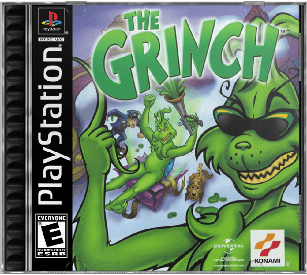 The Grinch PlayStation 1 PS1 platformer action-adventure video game based on the 2000 live-action film starring Jim Carrey stealing Christmas from Whoville exploring Whoville cover art