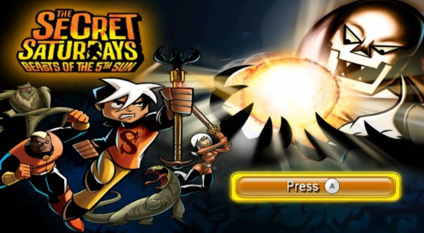 The Secret Saturdays: Beasts of the 5th Sun title screen for Nintendo Wii (Wii) featuring action‑adventure gameplay with cryptid creatures, motion‑controlled combat, and missions inspired by the animated TV series.
