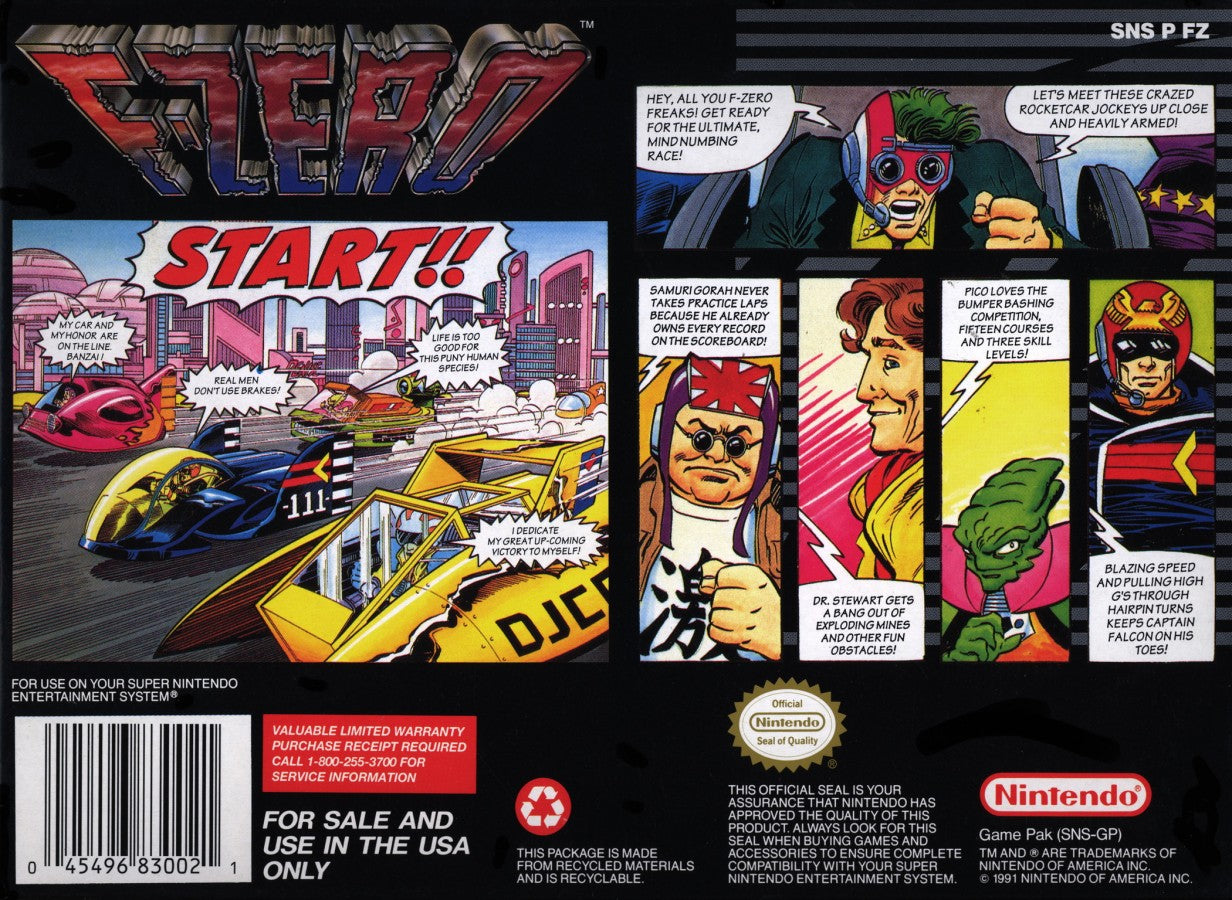 F-Zero Super Nintendo Entertainment System SNES futuristic racing video game Mode 7 graphics high-speed anti-gravity vehicles multiple pilots including Captain Falcon with varying stats and championship tracks back box cover