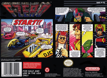 F-Zero Super Nintendo Entertainment System SNES futuristic racing video game Mode 7 graphics high-speed anti-gravity vehicles multiple pilots including Captain Falcon with varying stats and championship tracks back box cover