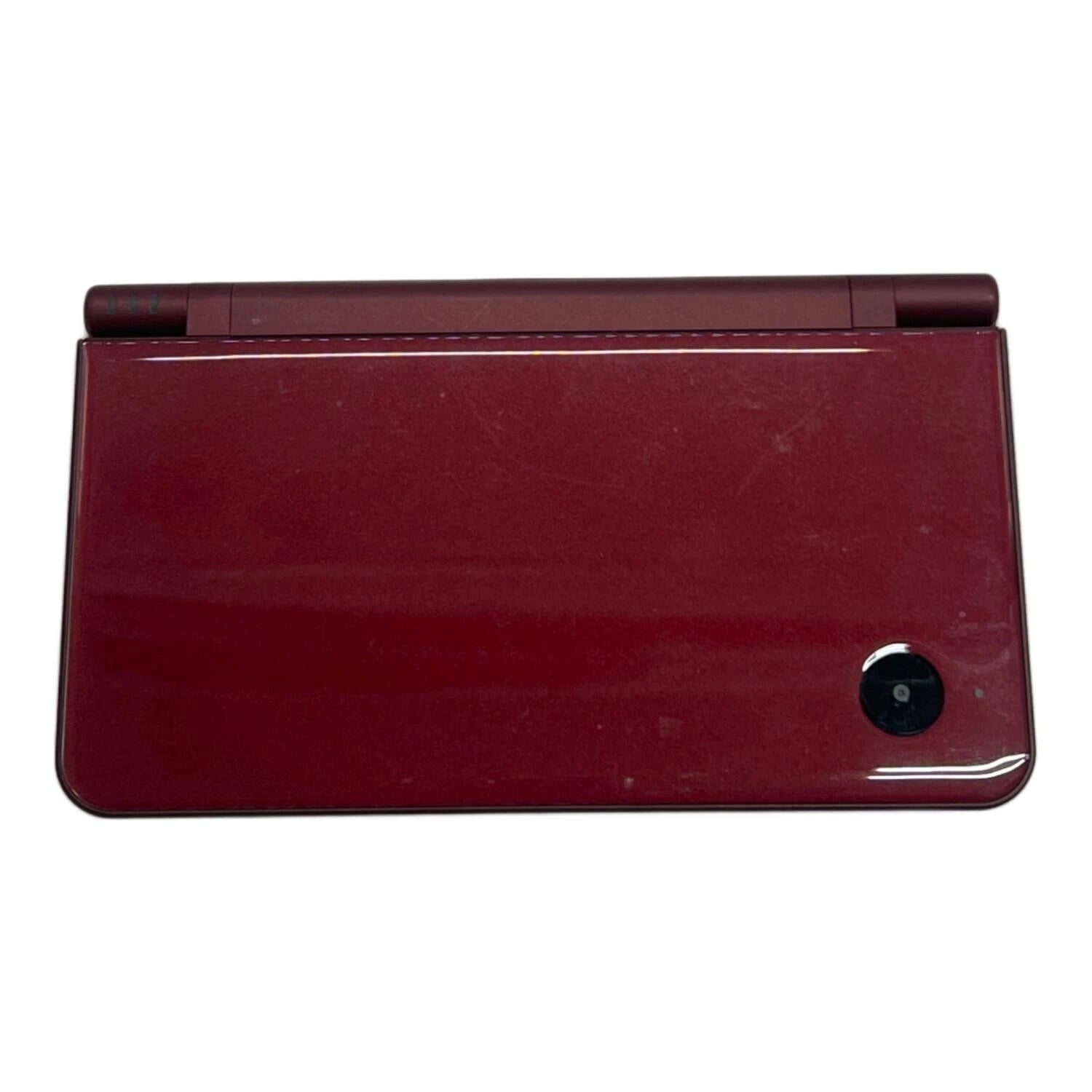 Nintendo DSi XL handheld console in Burgundy Wine dual screen portable gaming system larger screens size Good Condition used tested stylus included SD card slot backwards compatible with Nintendo DS game cards cameras DSiWare functionality flip design