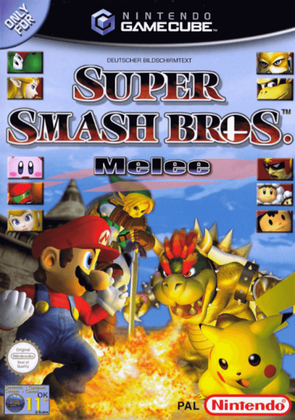 Super Smash Bros. Melee cover art for Nintendo GameCube (GC) multiplayer fighting video game