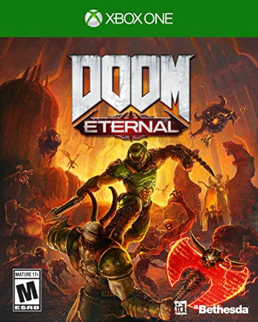 Doom Eternal for Xbox One, cover image for a first-person shooter action horror video game