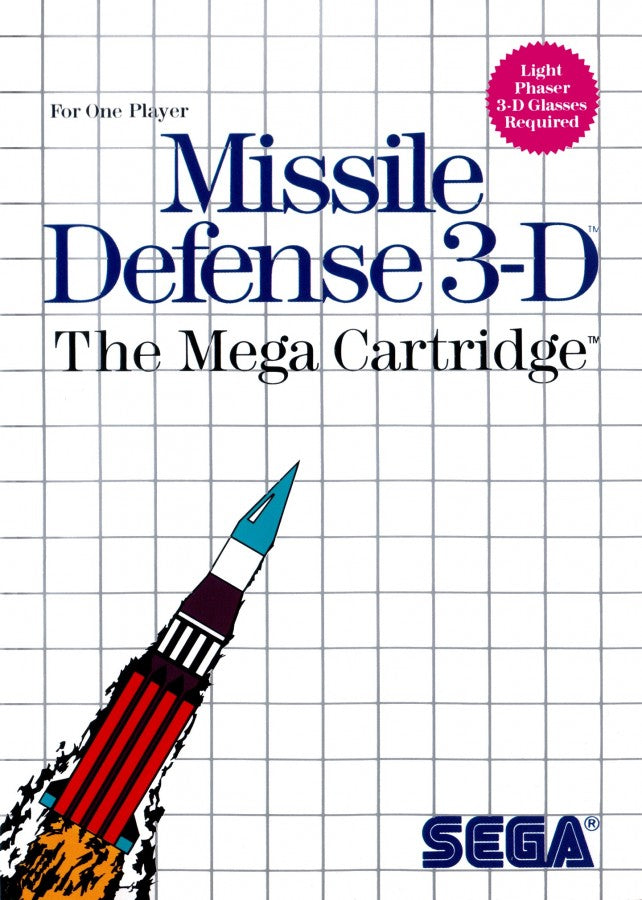 Missile Defense 3-D Sega Master System SMS for arcade shooting video game fans featuring 3D missile defense gameplay enemy attacks target tracking defensive weapons strategic shooting challenging stages and classic Sega Master System gameplay collectible retro gaming appeal front cover art