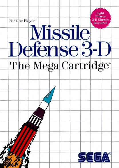 Missile Defense 3-D Sega Master System SMS for arcade shooting video game fans featuring 3D missile defense gameplay enemy attacks target tracking defensive weapons strategic shooting challenging stages and classic Sega Master System gameplay collectible retro gaming appeal front cover art