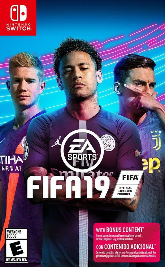 FIFA 19 Nintendo Switch video game, soccer sports simulation, realistic gameplay, multiplayer modes, console title front cover