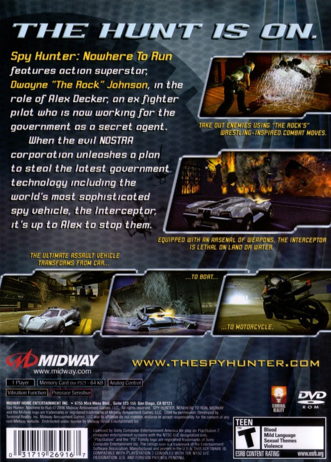 Spy Hunter Nowhere to Run PlayStation 2 PS2 for action driving video game fans featuring high speed vehicular combat spy missions explosive weapons intense car chases third person action cinematic gameplay stealth operations and arcade style excitement collectible gaming appeal back cover art