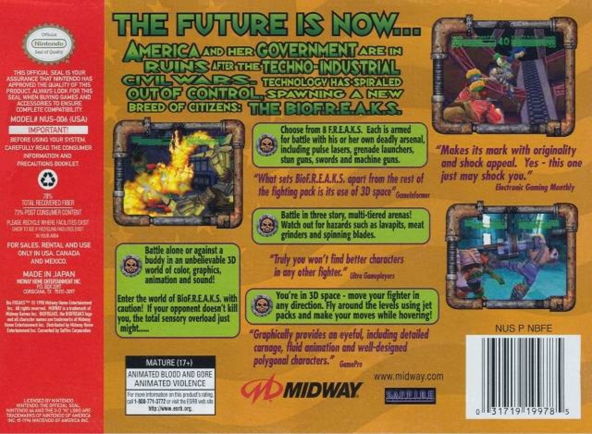 Biofreaks Nintendo 64 N64 video game featuring 3D fighting gameplay futuristic mutant characters weapon based combat special attacks arena battles character matchups and classic 64 bit Nintendo gameplay retro video game collection collectible gaming appeal back cover art