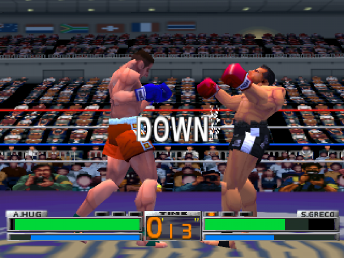 K-1 The Arena Fighters is a 3D kickboxing fighting game for the original PlayStation (PS1), featuring eight real-world K-1 fighters, multiple game modes including One Player, VS, Tournament, and Team Battle, and strategic combat focused on punches, kicks, stamina, power management, and signature moves gameplay