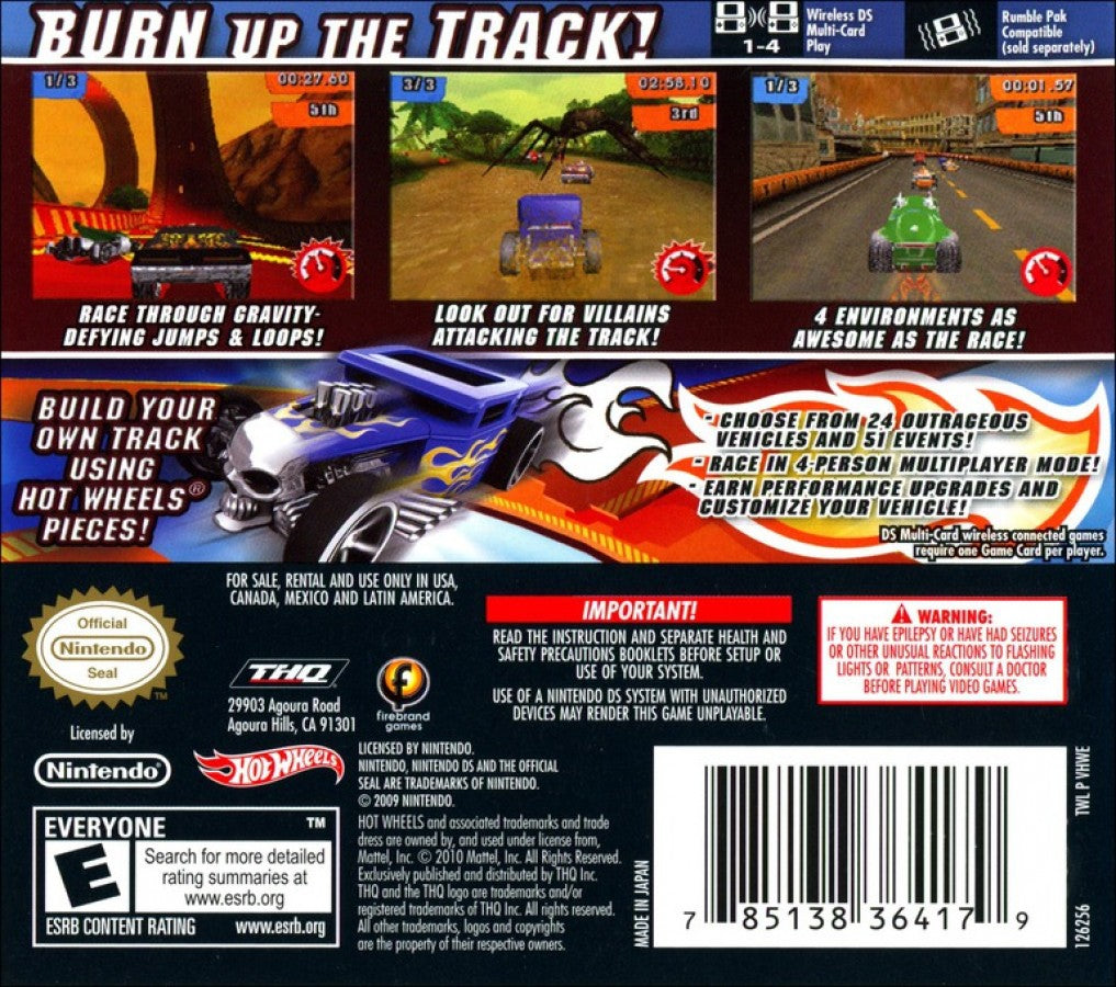 Hot Wheels Track Attack for Nintendo DS, back of case for an arcade racing video game with stunt tracks, high-speed driving, collectible cars, and competitive racing gameplay