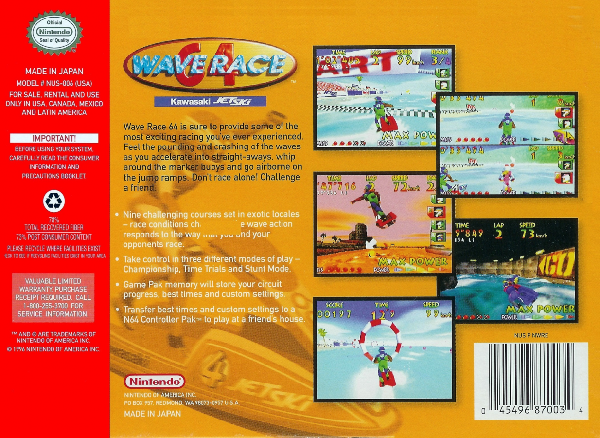 Wave Race 64 back cover art for Nintendo 64 (N64) video game