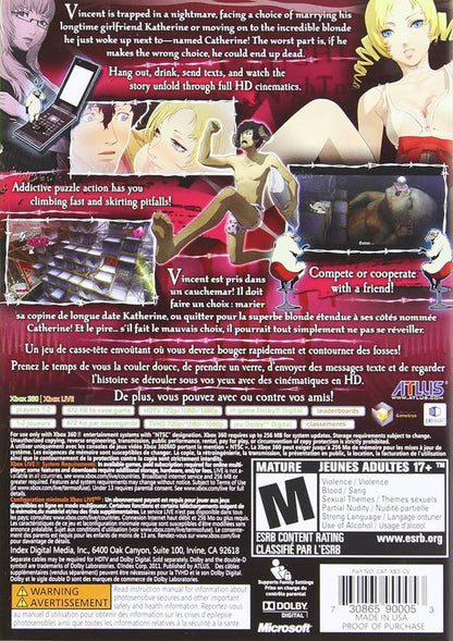 Catherine game for the Xbox 360 featuring puzzle platforming gameplay combined with story driven adult themed narrative multiple endings and moral choices as the protagonist Vincent navigates nightmares and relationship drama back cover 