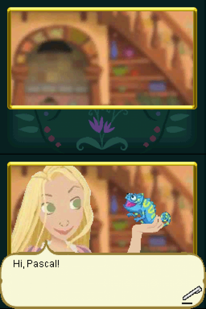 Disney Tangled Nintendo DS gameplay inspired design featuring fairy tale adventure gameplay aesthetic Rapunzel and Flynn Rider journey magical kingdom exploration charming story driven challenges colorful environments family friendly fun and portable handheld gaming presentation