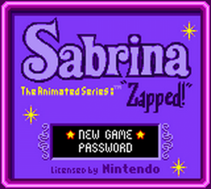 Sabrina The Animated Series: Zapped Nintendo Game Boy Color GBC for action adventure retro video game fans featuring magical spells fantasy exploration platforming challenges cartoon inspired gameplay whimsical environments classic handheld gaming collectible gaming appeal title screen