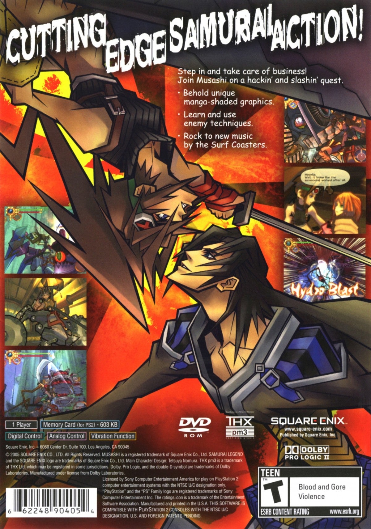 Samurai Legends Musashi PS2 Sony PlayStation 2 action adventure RPG hack and slash samurai sword combat Square Enix Musashi dual blade fighting fantasy story exploration dungeon gameplay retro gaming PlayStation 2 software video game title back cover art