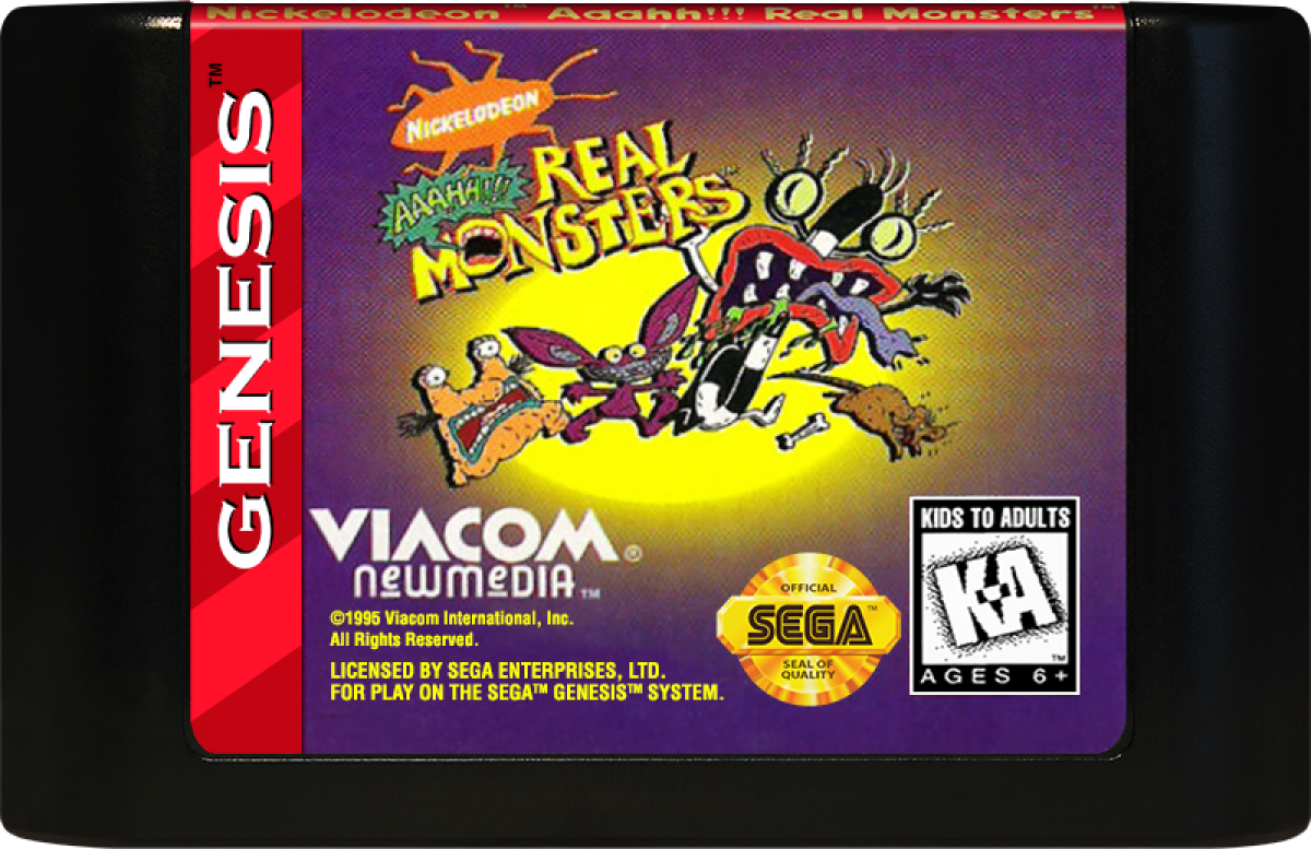 Aaahh Real Monsters Sega Genesis for retro video game enthusiasts featuring side scrolling action platforming gameplay Nickelodeon cartoon inspired characters monster themed adventures puzzle solving colorful levels cooperative style gameplay and collectible gaming appeal cartridge