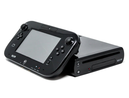 Black Nintendo Wii U console system with GamePad, designed for playing Wii U video games with gamepad displayed