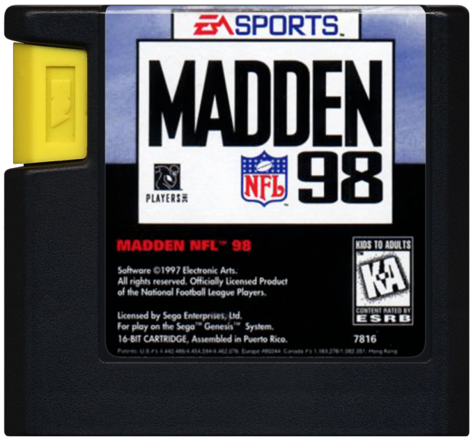 Madden NFL 98 Sega Genesis for retro video game enthusiasts featuring football simulation gameplay authentic NFL action strategic play calling team management mechanics competitive multiplayer sports challenges classic gridiron gameplay and collectible gaming appeal cartridge