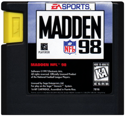 Madden NFL 98 Sega Genesis for retro video game enthusiasts featuring football simulation gameplay authentic NFL action strategic play calling team management mechanics competitive multiplayer sports challenges classic gridiron gameplay and collectible gaming appeal cartridge
