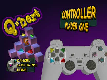 Q*bert title card for PlayStation 1 (PS1) puzzle video game