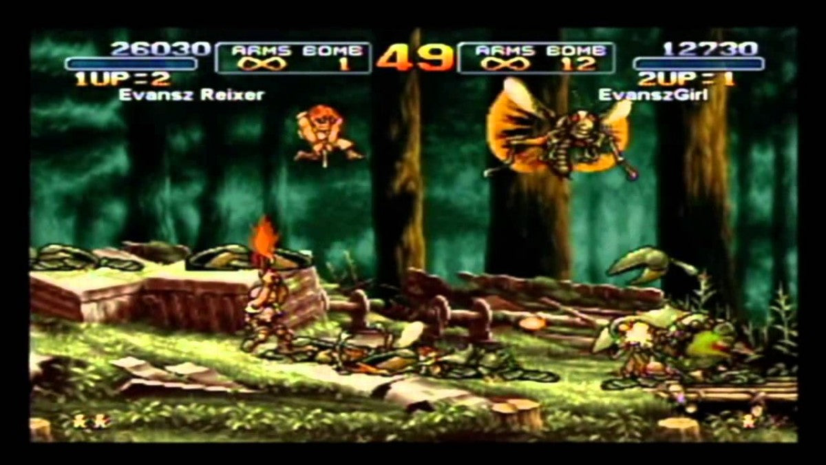 Metal Slug 3 Xbox run and gun arcade shooter video game SNK Neo Geo side-scrolling action multiple branching paths player selectable characters Marco Eri Fio Germi Tarma Roving heavy machine gun shotgun flame shot rocket launcher enemy vehicles slug tank flying submarine camel slave zombie transformation aliens mummies yetis hidden missions unlimited continues cooperative gameplay classic 2D sprite animation challenging difficulty gameplay screenshot