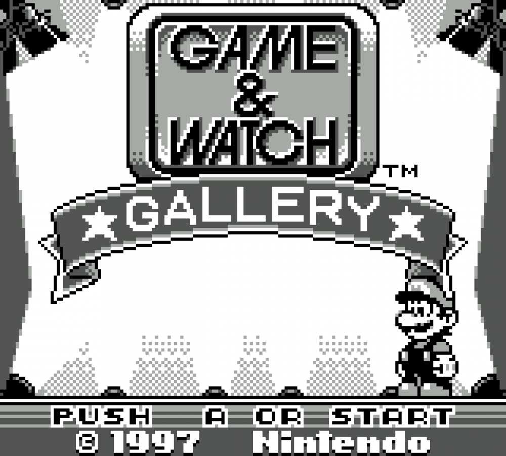 Game and Watch Gallery Game Boy handheld compilation video game featuring classic Nintendo LCD games modern and classic versions retro mini-games including Mario Bros Donkey Kong Zelda Game Boy handheld retro main menu title screen