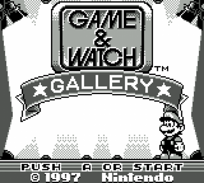 Game and Watch Gallery Game Boy handheld compilation video game featuring classic Nintendo LCD games modern and classic versions retro mini-games including Mario Bros Donkey Kong Zelda Game Boy handheld retro main menu title screen